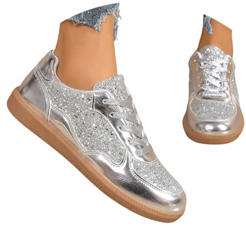 EQWIGKEIT Zapatos brillantes para mujer, clásicos, planos, brillantes, para fiestas, con lentejuelas, para el tiempo libre, ligeros, transpirables, zapatillas deportivas, A1 Silver, 40 EU