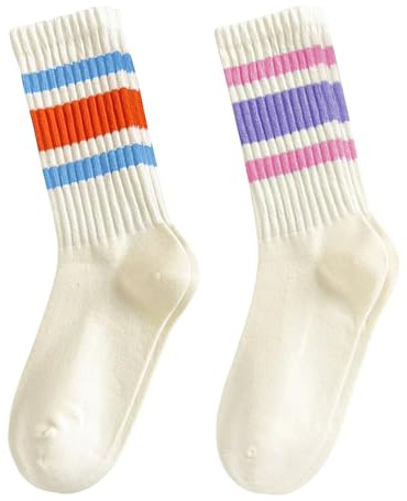 FIYIGO Womens Crew Socks Striped Cotton Casual Athletic Retro socks | Calf Tube Length, Slouchy Style, Soft Cozy Breathable Fabric, Cushioned Comfort, for Running Workout Gym, Gift Choice