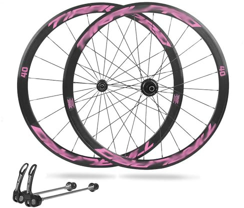 700C Juego De Ruedas para Bicicleta De Carretera QR 100/130mm Freno De Llanta Llantas De Aleación De Aluminio Buje De 20/24H para 8-11 Velocidades Altura 40mm(Black-Pink)