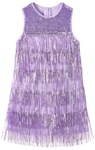 Miipat Girls Sequin Fringe Dress, Kids Sparkly Tassel Vintage Flapper Dress | Sleeveless Round Neck, Sparkly Sequin Layered Fringe Dress with Lining, 20s Vintage Style Flapper Dress Disco Party Dance