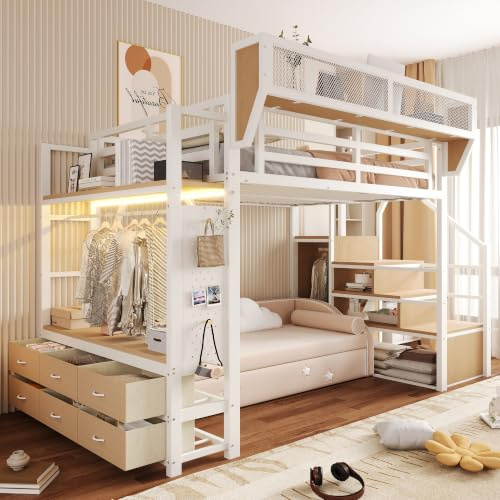 Merax Lit mezzanine en métal 140 x 200 cm avec compartiment de rangement, tringle à vêtements, tiroirs en tissu et LED – rampe de sécurité, échelle, blanc (sans matelas)