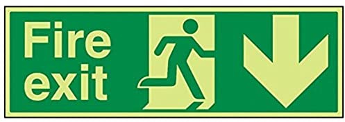 V Safety Glow In The Dark Fire Exit Arrow Down Sign - 600mm x 200mm - Rigid Plastic