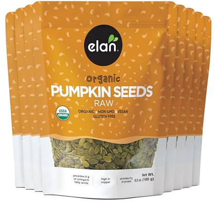Elan Organic Pumpkin Seeds, Unsalted, Unroasted Shelled Kernels, No Shell, Non-GMO, Vegan, Gluten-Free, Kosher, Nutritious Seeds, 8 pack of 6.5 oz