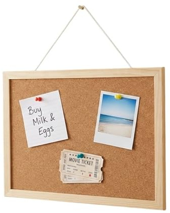 Small Cork Notice Pin Memo Board with 2 Pushpins and Hanging Thread - Wall Hanging Bulletin Board for Office, Classroom or Home Classic Wooden Frame - Message Reminder Pushpin Board - 28.5cm x 21.5cm