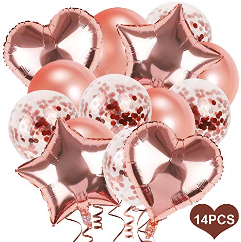 Set di Palloncini per Compleanno - 14 Pezzi Decorazioni per Feste in Lattice Color Oro Rosa, Coriandoli e Cuore