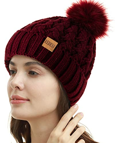 REDESS - Gorro de Invierno con pompón para Mujer, Gorros cálidos con Forro Polar, Gorro Cruzado de Punto de Nieve Holgado Grueso para Damas