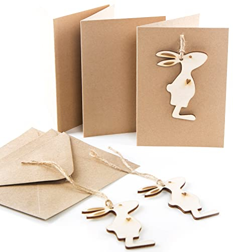 Logbuch-Verlag 3 Grußkarten Ostern mit Osterhase aus Holz - Osterkarte Klappkarte aus Kraftpapier mit Kuvert