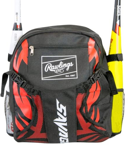Rawlings Savage Youth Baseball Bag - Kids Bat Bag – Durable Baseball Backpack – Holds Two Bats – Includes Hook to Hang on Fence - Black/Red