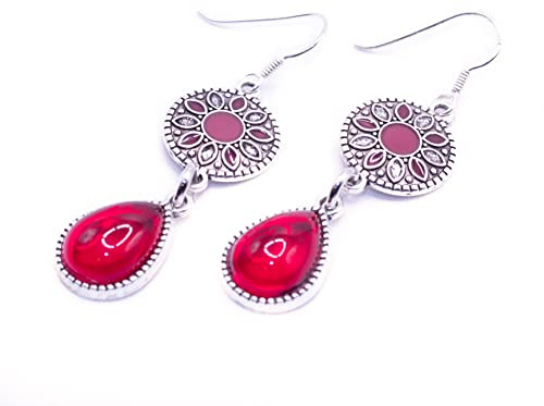 NILUXE DESIGN-Pendientes Mujer Estilo Bohemio Plata Tailandesa Cristal Rojo en Forma de Gota - Colgantes Largos Hippie Boho Vintage - Ideal para Regalar (Pendientes)