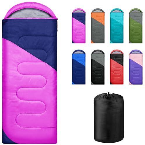 Yarmiene Saco de Dormir Adulto Niños para 3-4 Estaciones, Rectangulares Saco de Dormir Ligero y Compacto para Hacer Senderismo, Camping, Rose Red+Navy