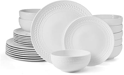 Pfaltzgraff Josephine 24-Piece Dinnerware Set, Porcelain Dish Set with Embossed Basket Weave Design, Service for 8, White Plates and Bowls Sets, Microwave and Dishwasher Safe