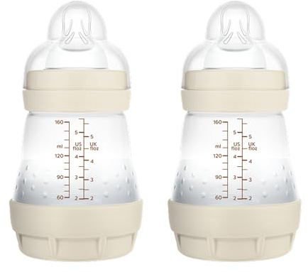 MAM Pack 2 Biberones Anticólicos, Recién Nacido, 0-2 Meses, 160ml, con Tetina 1 Flujo Lento de Fácil Aceptación, Autoesterilizable y Fácil de Limpiar, MAM Easy Start Anti-Colic, Neutro Mate, 2uds