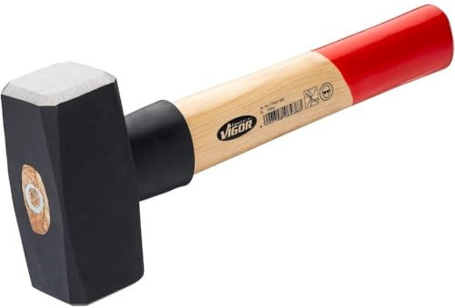 ViGOR Marteau de serrurier V2662-1000 - Tête de marteau 1000 g - Manche en bois d'hickory avec protection en caoutchouc - Longueur : 360 mm - Pour un travail puissant et précis