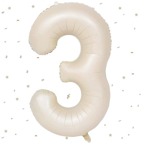 Palloncino a 3 numeri beige, 40 pollici, bianco crema, 3,101 cm, bianco sabbia, 3 palloncini a elio, 3 compleanni, 3 anni, decorazione di compleanno per bambini e bambine