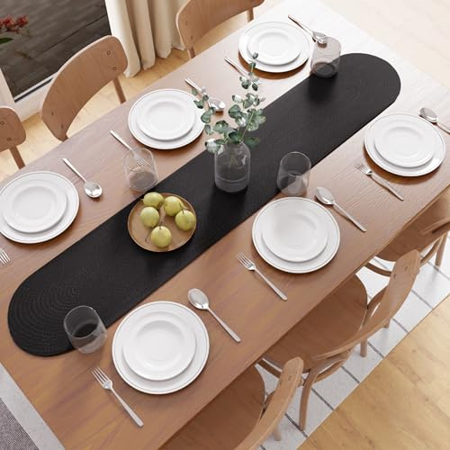 Encasa XO Camino de Mesa | Estilo Acanalado Hecho a Mano en Algodón | 30x137 cm | Negro | para Mesas de Centro y de Café