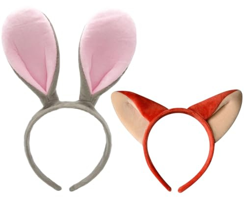 PYEUIFT 2 Piezas Diadema con orejas de conejo, diadema con orejas de zorro, diadema con orejas de conejo y zorro, disfraz de zorro, disfraz de Pascua, carnaval, fiestas infantiles, cosplay