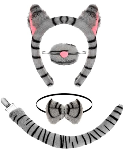 XEPST Set di Costumi da Gatto Grigio a Strisce Grigie, con Orecchie e Coda di Gatto, Fascia per Capelli, Naso e Coda, per Travestimenti da Animale, Cosplay, Compleanno, Halloween, Festa in Maschera
