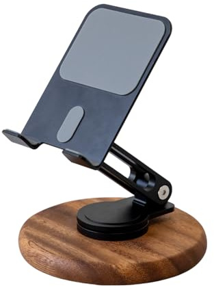 muso trä mobiltelefonstativ för skrivbord, vikbar 360 roterande mobiltelefon iPhone-hållare med akacia bas, justerbart mobilstativ för resor för alla smartphones, iPhones, IPads