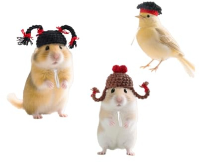 Vyloky Lot de 3 mini bonnets tricotés à la main pour animaux de compagnie - Chapeaux réglables extra petits pour hamsters, cochons d'Inde, souris et perroquets - Accessoire ludique
