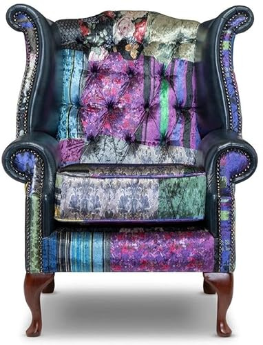 Chesterfield - Silla Queen Anne de respaldo alto, terciopelo de retazos con brazos de cuero genuino azul, sillón con respaldo de ala hecho a mano con botones profundos y marco de madera maciza