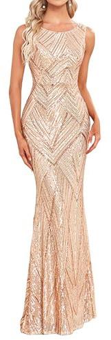 YHHOWEP Glitter Formal Dresses Long Evening Gowns Bodycon Mermaid Sparkly Sequin Boat Neck Sleeveless Cocktail Party Dress Gold S