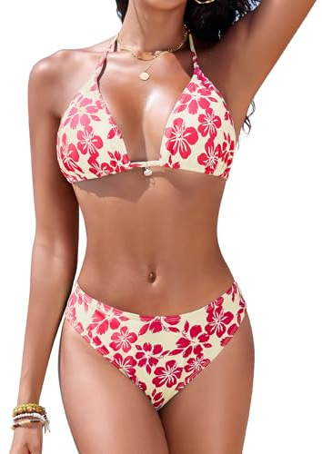 Vijamiy Dam Baddräkt Tvådelad Baddräkt Hög Midja Kurvig Halter Triangel Push Up Bikini Set Justerbar Sexig Strandkläder med Blomhänge, Beige och röd, L