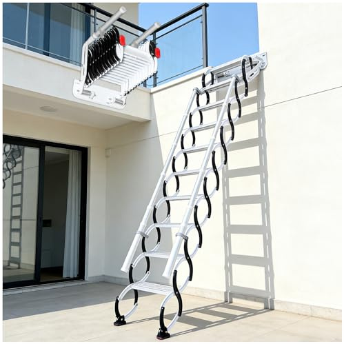 Escalera Plegable de Pared con 2 pasamanos, Escalera Telescópica para Ático Plegable, Capacidad 300 kg, Altura aplicable de 2.44 a 2.54 m (10 escalones)