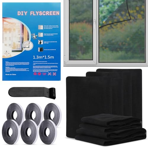 6 Pcs Fly Screens For Window, Window Netting For Insects 130x150cm, Window Net, with 6 Rolls Self-adhesive with Velcro and Other Accessories, Protect your family from insects (black)