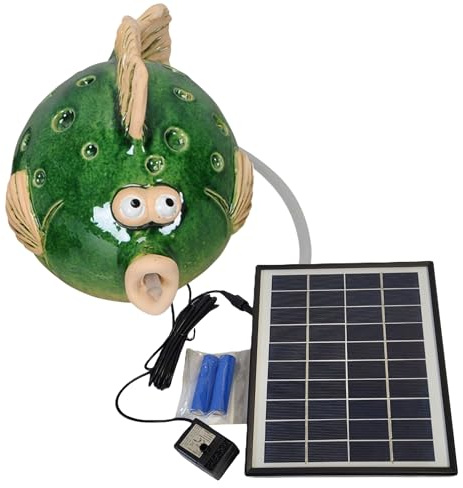 Wasserspeier Fisch grün aus Keramik mit Akku-Solarpumpe