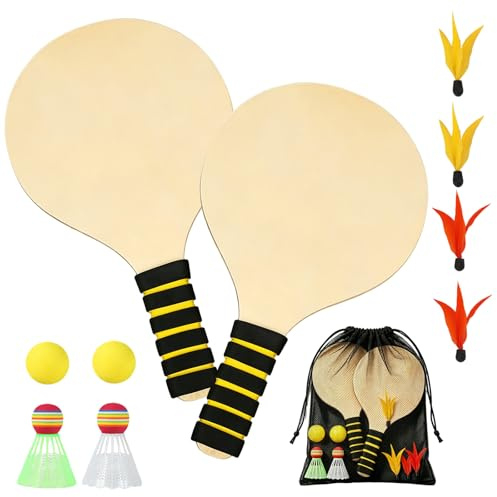 Beach Bat and Ball Set, Outdoor Kids Wooden Paddle Ball Game with 2 Paddles 4 Birdies 2 Balls 2 Badmintons 1 Mesh Bag, Garden Family Game Toys Outdoor Games for Kids Teens 3+ Years Old