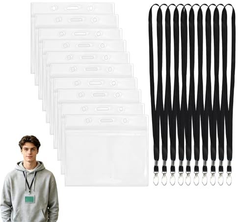 10 st plastsnoddar för halsband/badge, korthållare med halsband, transparent vattentät korthållare, för student- och anställdskort, fodral för studentbusskort, svart snodd