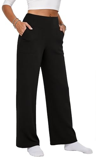 BEWECASU Woman High Waist Yoga Pants Wide Leg Pants with Pockets Work Trousers Sweatpants Casual Lounge(Black,XL)