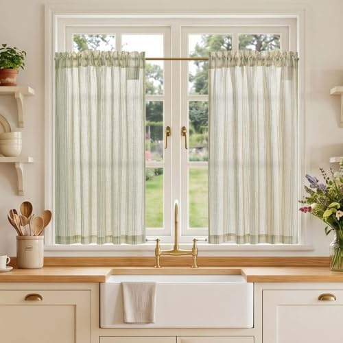 TOPICK Linen Look Kitchen Curtains, Cafe Curtains, W36 xL36 Green Striped | 2 Panels Rod Pocket Light Filtering Curtains, Half Window Curtain 2 Drapes for Bedroom, Living Room, Cupboard Base, Sink
