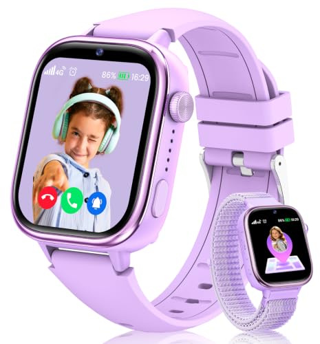 Reloj Inteligente Niño con Videollamada, 4G Smartwatch Niño con GPS y Llamadas, SOS, Chat de Voz, Modo Escuela, Podómetro, Despertador, Monitor de Sueño IP68 Impermeable Regalo para Niños Niñas Morado