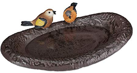 Relaxdays Gusseisen Vogeltränke mit Vogel, Gartendeko, Vogelfutterstelle, Wasserschale für Wildvögel, 24 cm breit, braun