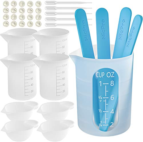 Nicpro 250 ml Misurini in Silicone + 4Pz 100 ml Tazze in Silicone, Misurino di Miscelazione Antiaderenti per Tazze Graduate Stampi per Colata Resina Epossidica, con 20 Pipette, Bastoncini, Guanti
