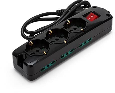 VELAMP - Flat multiuttag med flera uttag (3 uttag + 10/16 A och 6 uttag 10/16 A) eluttag med flera uttag med 16 A-kontakt, 1 m kabel, ljusbrytare, säkert grepp - svart