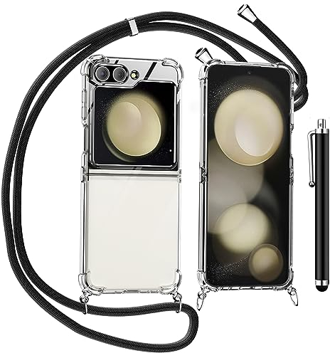 TTSWJBD Cover per Samsung Galaxy Z Flip 5,Custodia con Cordino Silicone Trasparente Morbida Cover Cellulare Girocollo Collana Necklace Protettiva Bumper Antiurto TPU Case, Nero