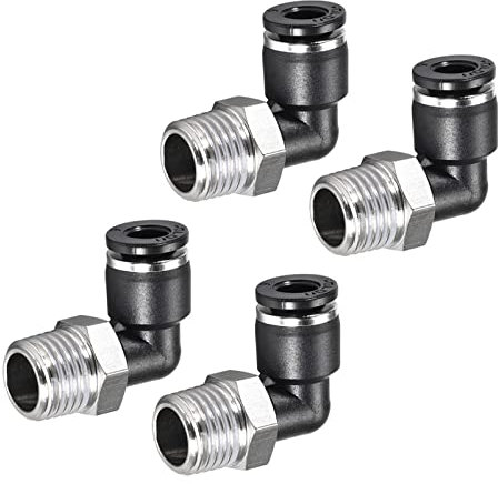 M METERXITY Paquete 4 90 Grados Codo Empujar para Conectar Manguera Accesorios, para Transportar Aire Agua, Aplicar Industrial (6mm Tubo OD x 1/4 NPT Rosca, Negro Tono plateado)