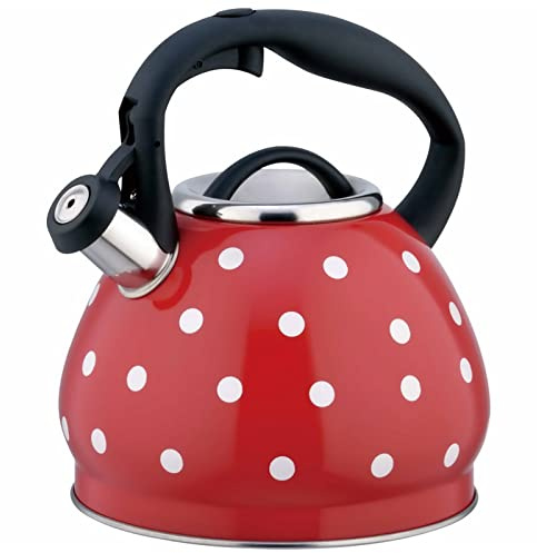 Hervidor de té silbante de lunares rojos y blancos, tetera vintage de acero inoxidable, silbato de inducción, hervidor de agua para estufa de cocina