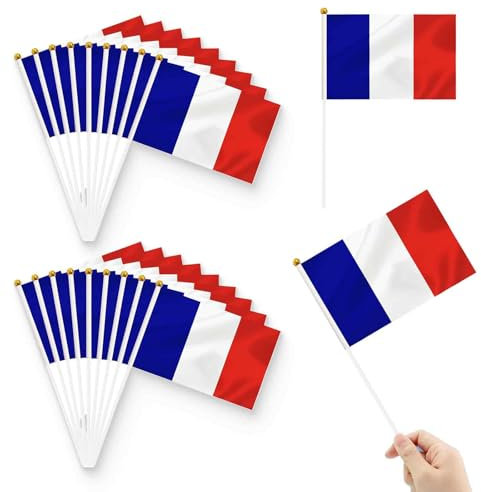 AFCJLTO Lot de 10 petits drapeaux français avec baguette en plastique, 14x21cm, haute qualité,Supportez l'équipe de France lors de la Coupe du monde avec ces mini drapeaux français de la France
