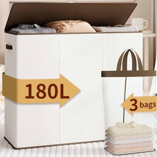 Relefree Cesta de lavandería de 3 secciones, cesta grande de 180 L para clasificación de lavandería, cesta de ropa con 3 bolsas extraíbles, cesta de lavandería con tapa, ideal para dormitorio, baño