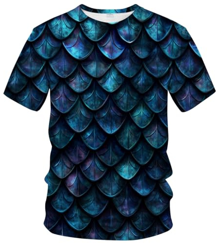 Rebaike Men's Fish Scale T-Shirt - Dragon Scale Gradient Design, Wave Striped Artistic Print,Dark Blue,XL
