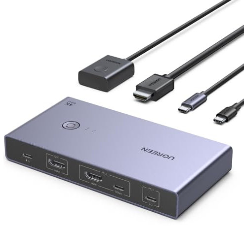UGREEN USB C KVM Switch 4K60Hz 2 PC 1 Monitor Unterstützt EDID Verwaltung KVM Umschalter 2 In 1 Out mit 4 USB 3.0 Ports für Maus, Tastatur, Tragbare Festplatte, USB-Stick usw.