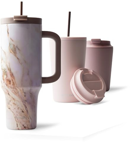 MAMEIDO Tazza da caffè termica con cannuccia & manico 1200 ml, Tazze termiche acciaio inox senza BPA, Tumbler anti-perdita (Pearl Marble)