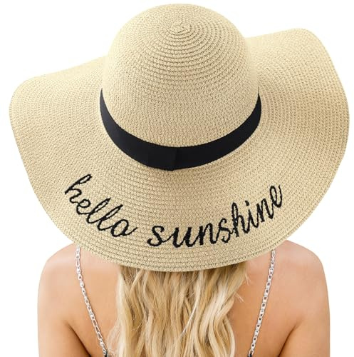 Beach Sun Hats for Women, Wide Brim Straw Hat for Women, Womens Sun Hat UPF 50+ UV Protection, Summer Hats Packable Foldable Roll up Cap, Beige