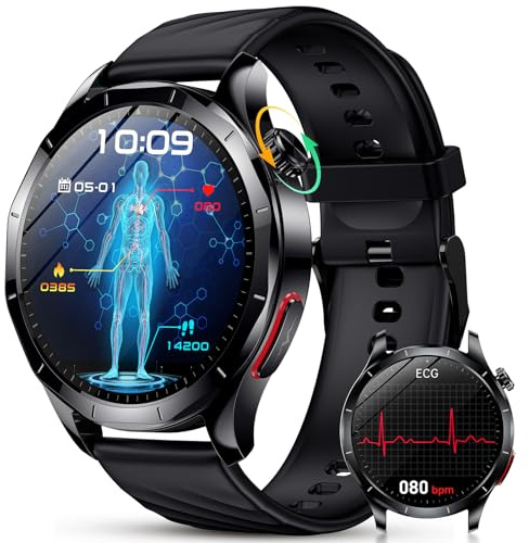 YUPENG Smartwatch Uomo, 1.43 AMOLED Orologio ECG/HRV/Acido Urico/𝐆li𝐜e𝐦ia/Lipidi, 24H Pressione Sanguigna, Cardiofrequenzimetro, Sonno, Chiamate, SOS, IP68 Fitness Tracker per Android e iOS