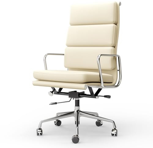 OTDMEL High-Back Executive Genuine Leather Office Chair, with Aluminum Arms and 5-Star Base, Modern Rolling Desk Chair with Silent Wheels, Lumbar Support, High-Adjustable, Tilting for Home & Office