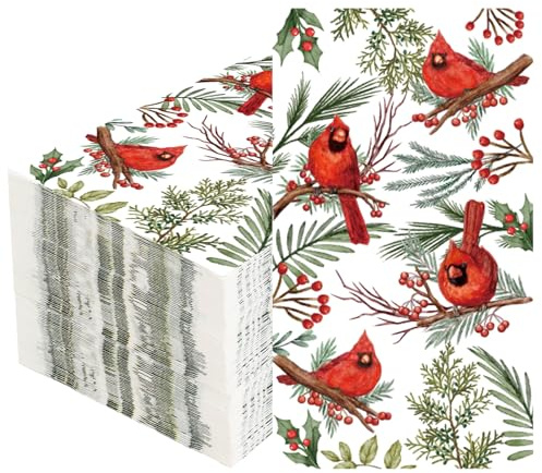 Christmas Cardinal Birds Napkins Decorations - 100 PCS Red Cardinal Bird Dinner Napkins, Xmas Holly Paper Berry Beverage Cocktail Napkin Tableware for Christmas Winter Wedding Holiday Party Supplies