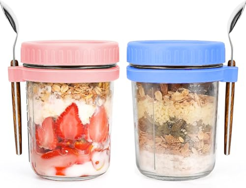 Gilen Overnight Oats Jars with Lids and Spoon, Overnight Oats Container, 10 Oz Glass Porridge Container to Go for Chia, Pudding, Milk, Cereal, Fruit, Yogurt, Salad, Cereal Meal Prep Jars (Pink + Blue)